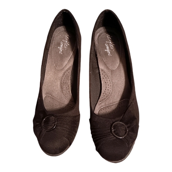 DEXFLEX Comfort Black Faux Suede Wedge Heel Slip On Shoes Size 11 - Picture 2 of 8